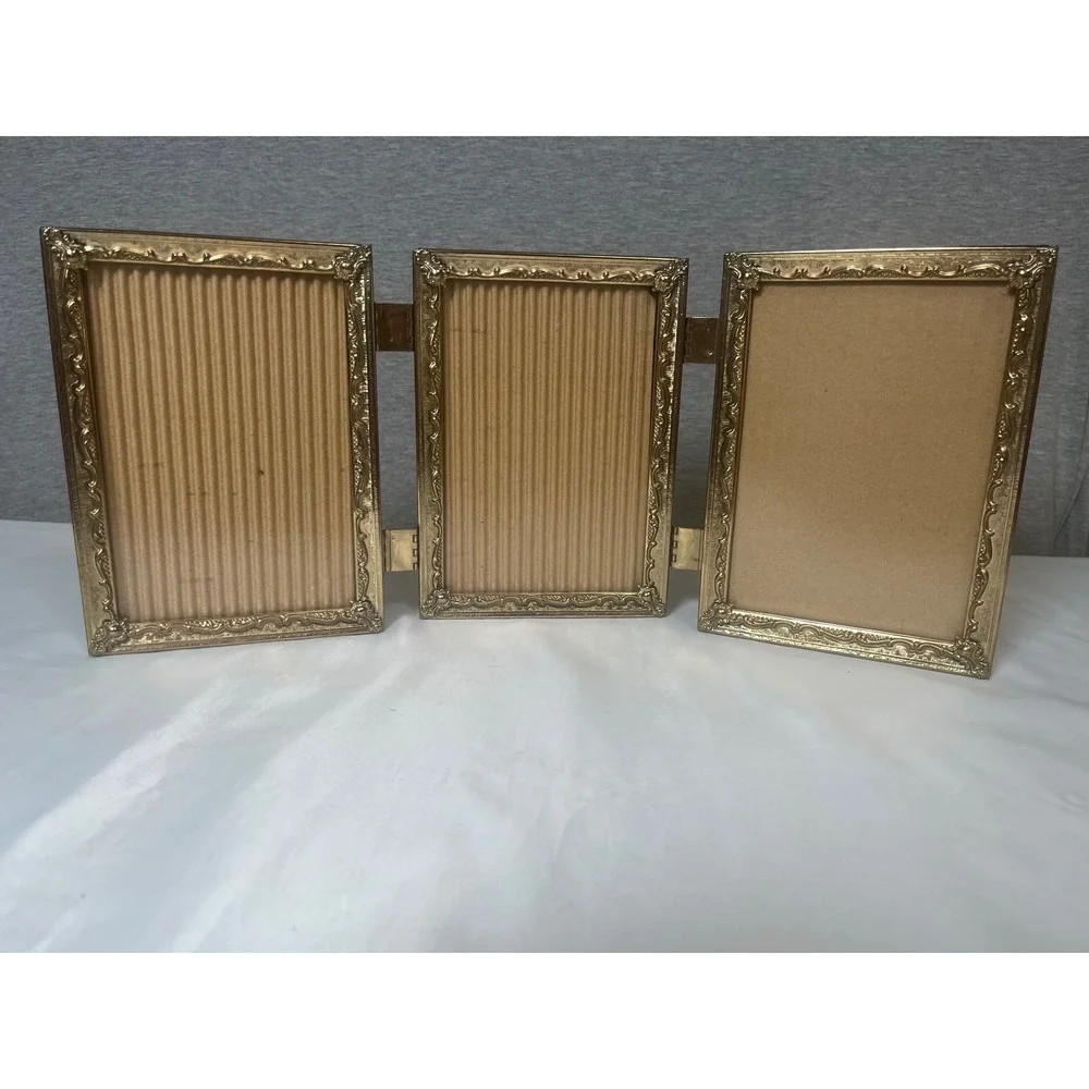 Vintage Gold Ornate Triple Folding Picture Frame Triptych Hinged Metal 5x7